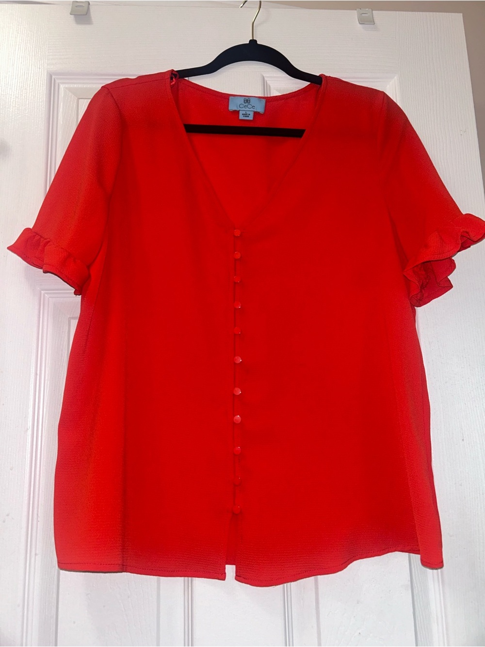 CeCe Bright Red V-Neck Blouse with Covered Buttons